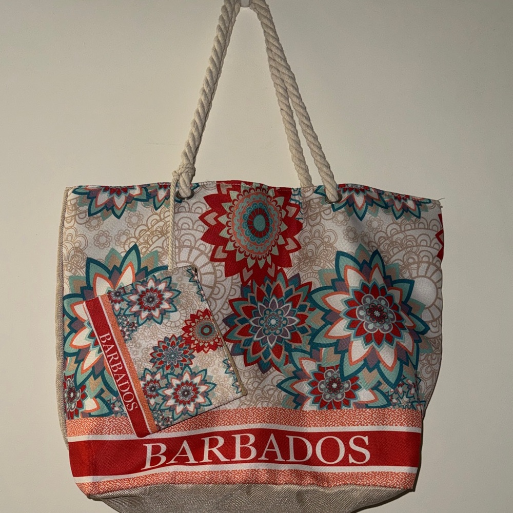 Barbados Floral Canvas Tote Bag with Small Clutch Bag